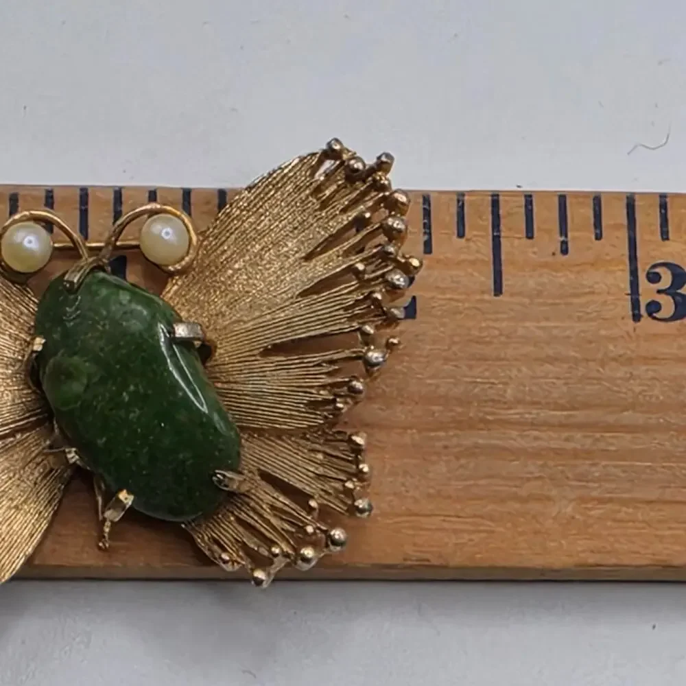 Vintage Lisner Butterfly Brooch Green Cabochon Faux Pearl Gold Tone Signed